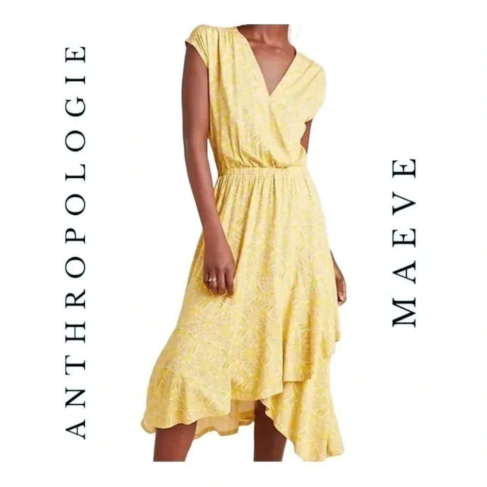 1496. ANTHROPOLOGIE MAEVE FETE YELLOW FAUX WRAP MIDI LENGTH DRESS SIZE MEDIUM